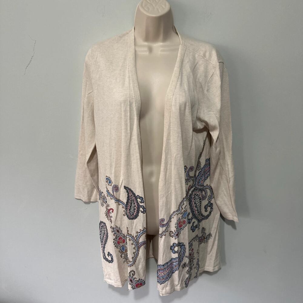J Jill Open Cardigan Womens Medium Cream Paisley Bohemian Festival Spring Chic